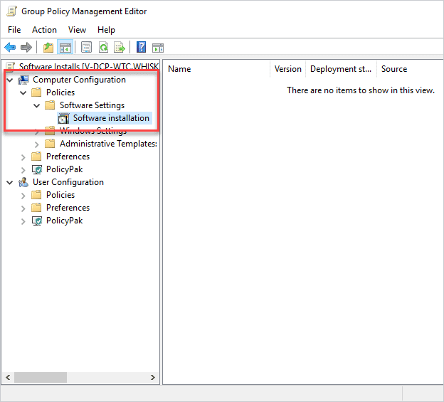 Group Policy Management Editor showing Computer Configuration Software installation settings for deploying MSI packages