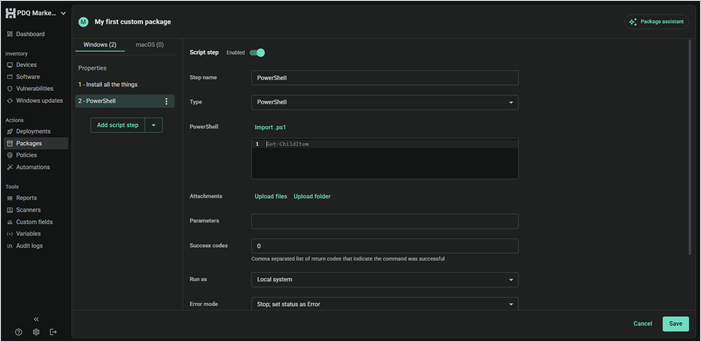 PDQ script step configured for PowerShell with script, attachments, parameters, success codes, and run settings.