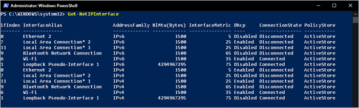 Get-NetIPInterface PowerShell cmdlet results.