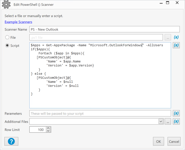 Creating a PowerShell scanner in PDQ Inventory to identify new Outlook installations.