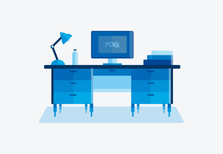 Illustration of computer desk and monitor with PDQ logo