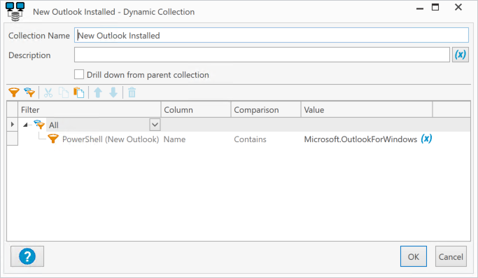 Creating a dynamic collection in PDQ Inventory to identify devices with the new Outlook installed.