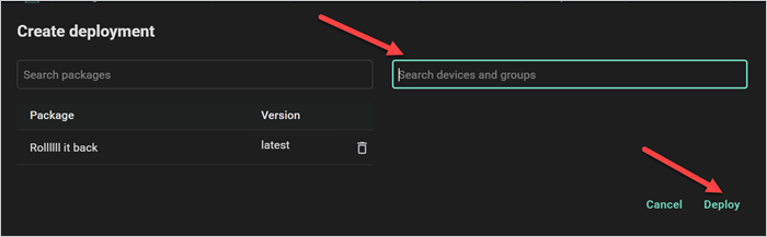 PDQ Connect Create deployment window with search devices field and Deploy button highlighted.