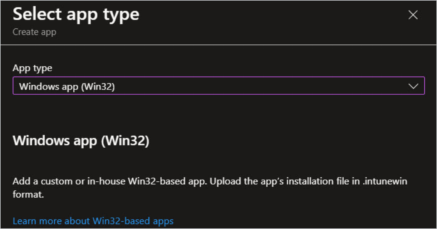 Screen shot of Intune interface's Select app type menu.