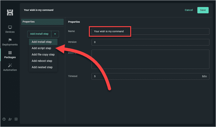 Add a script step to the package.