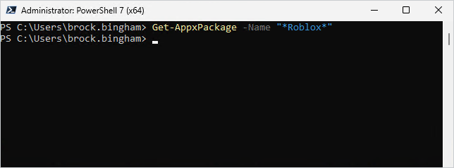 Running a basic Get-AppxPackage PowerShell command that doesn't return the target package because it was installed on another users profile.