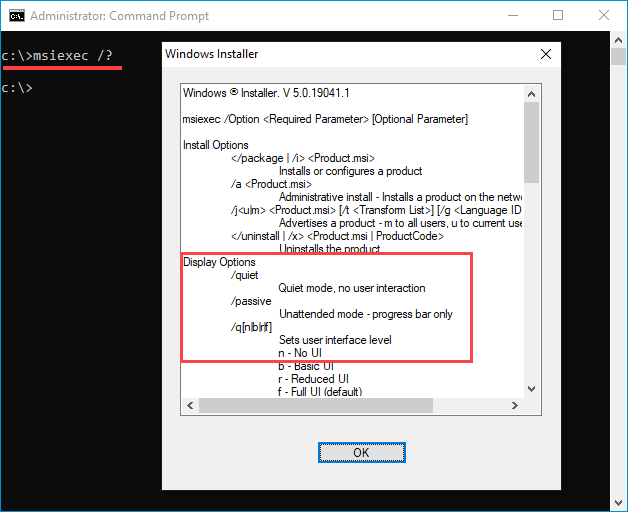 Screenshot showing some of the options and switches available when using Windows Installer (msiexec.exe).