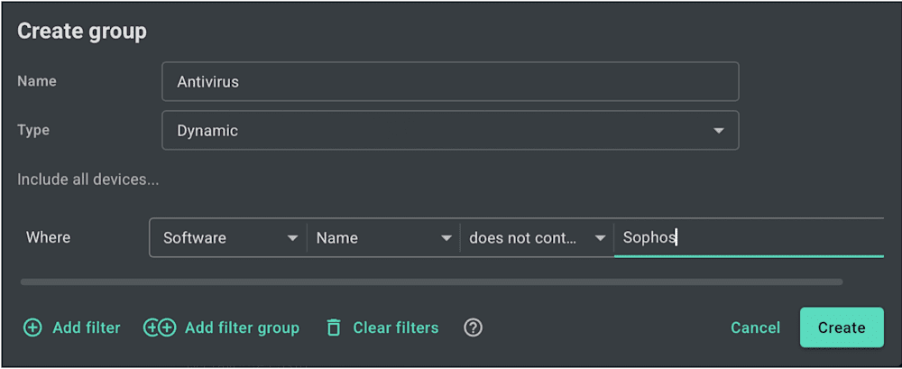 Dynamic group filter in PDQ Connect for antivirus application