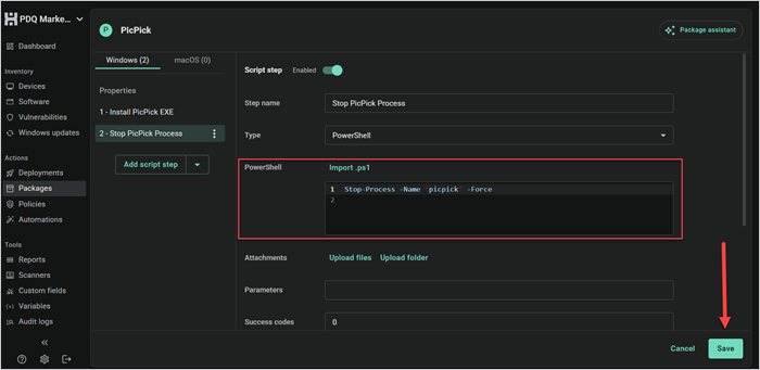 PicPick PowerShell script step in PDQ with a Stop-Process command and Save button highlighted.