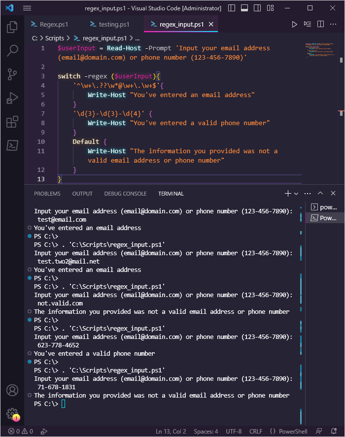 A PowerShell script that uses regex to validate user input to match phone numbers or email addresses.