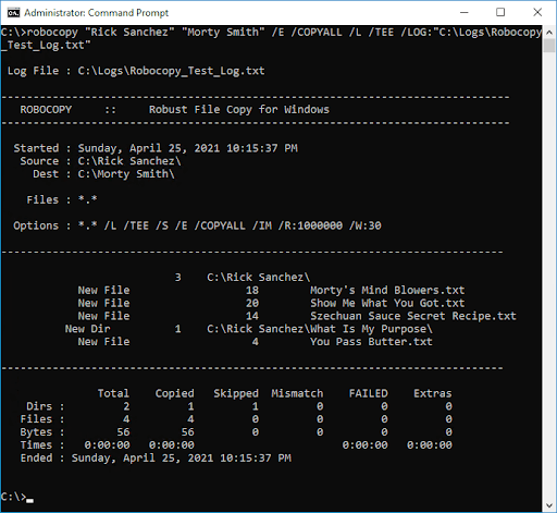 Screenshot of the Command Prompt showing what happens when you run the above code, explained in the following text.