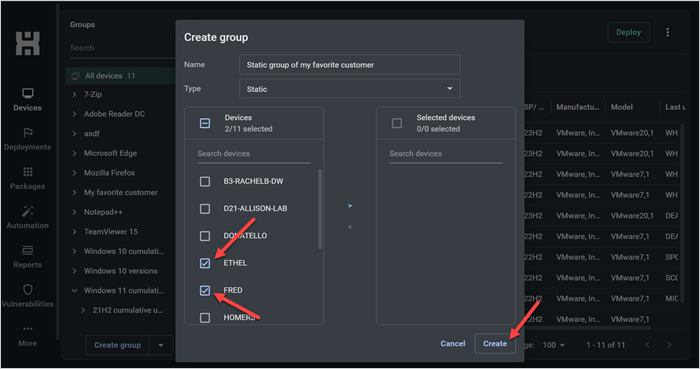 Screenshot showing the "Create group" window in the PDQ Connect interface with the type set to "Static," devices "Ethel" and "Fred" selected, the right arrow to move them to "Selected devices" highlighted, and the "Create" button highlighted.