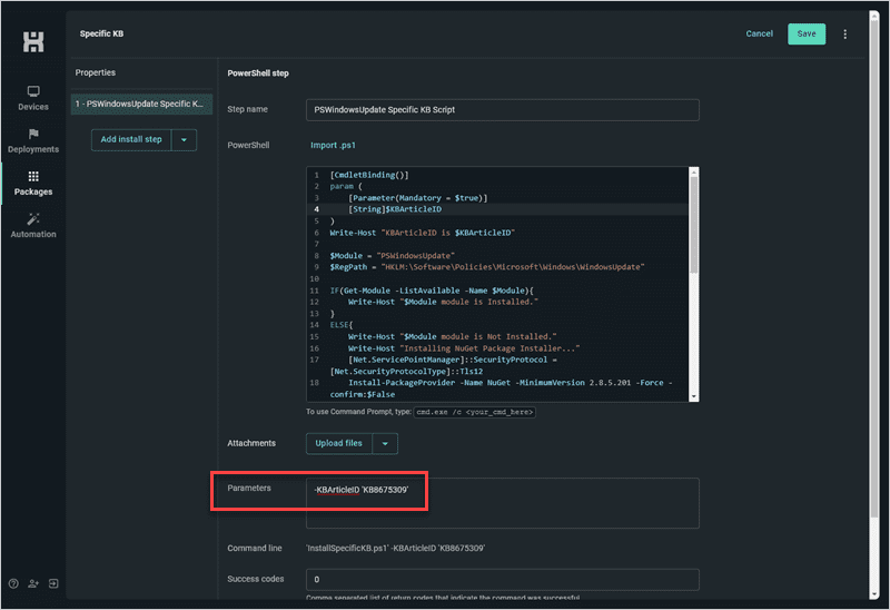 Modify the parameters of the PowerShell step with the KB number you want to install.