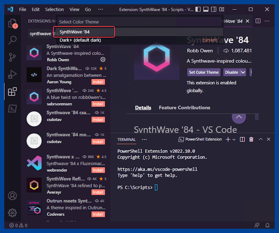 Setting VS Code as the current color theme