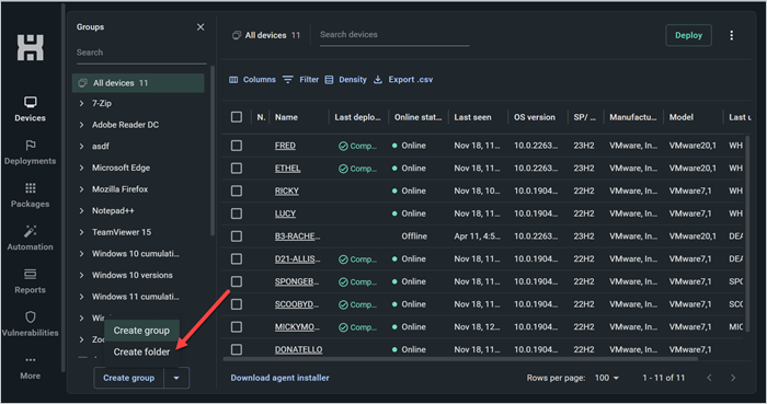 Screenshot showing the "Create folder" option under the "Create group" drop-down menu in the PDQ Connect interface.