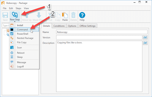 Screenshot of the PDQ Deploy interface showing New Step > Command.