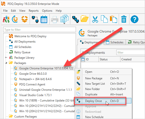 Deploying the Google Chrome package in PDQ Deploy