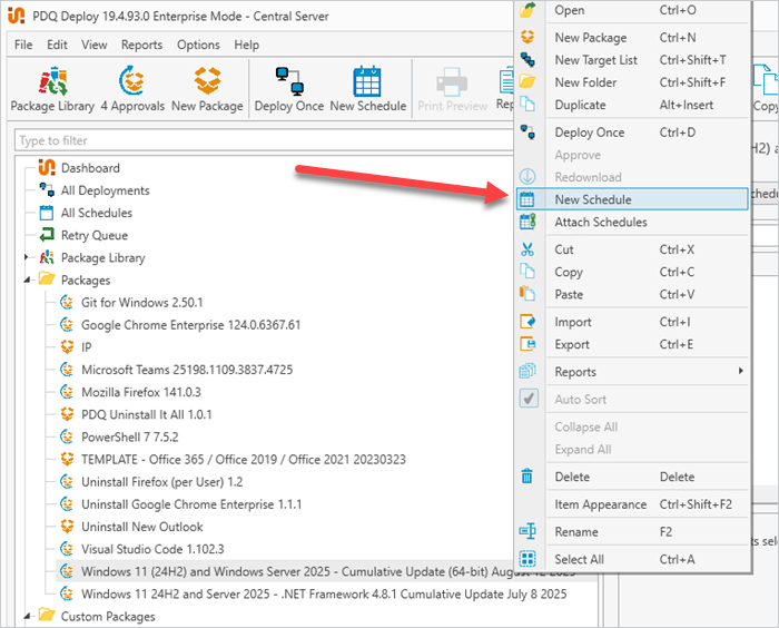PDQ Deploy Packages pane with right-click menu highlighting New Schedule.