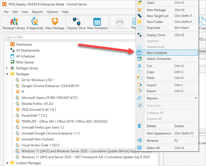 PDQ Deploy Packages pane with right-click menu highlighting New Schedule.