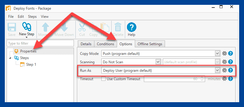 Configuring the run mode at the package level in PDQ Deploy.