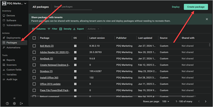 PDQ Connect Packages view with Create package button highlighted.