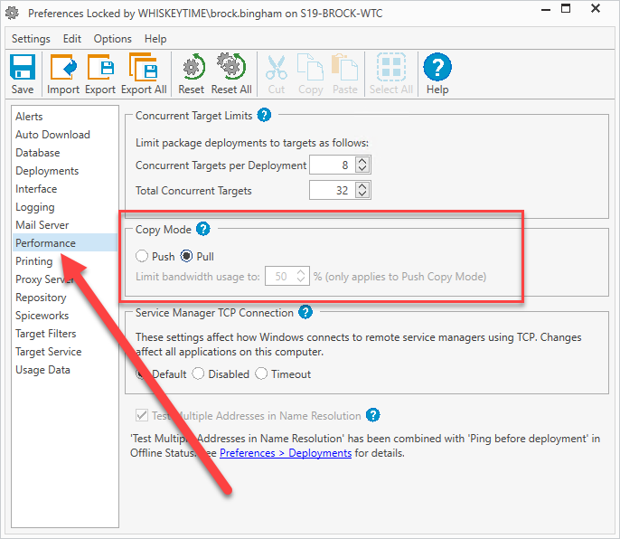 Setting the copy mode in the PDQ Deploy performance page.