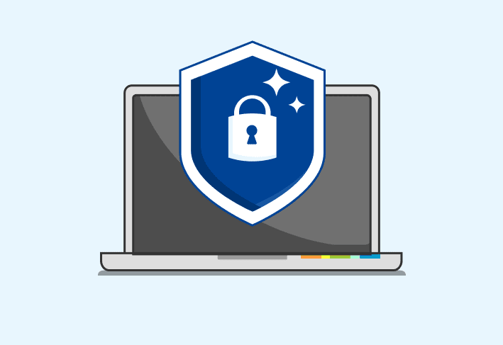 Illustration of computer with shield and lock that represents security