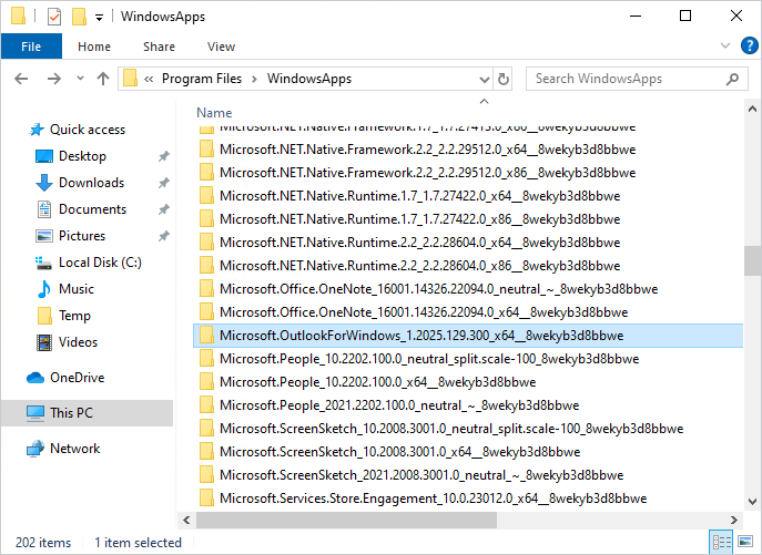 Identifying the new Outlook folder located in the WindowsApps directory.