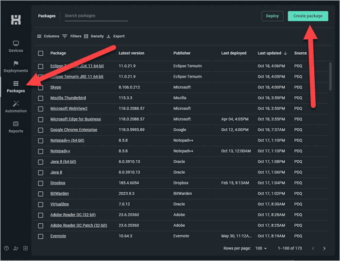 Select the packages tab, then click Create package.