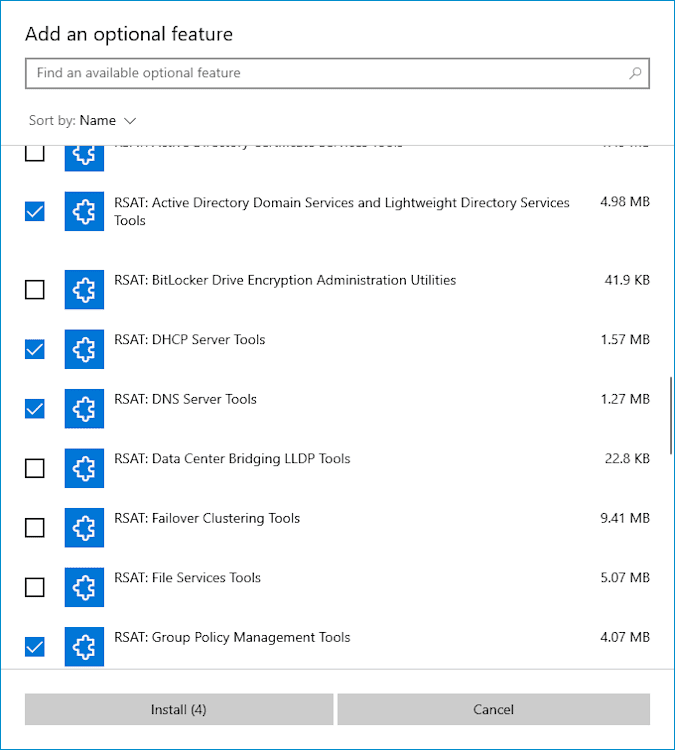 Screenshot of RSAT feature options.
