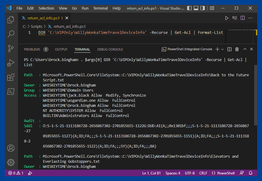 Screenshot of Visual Studio Code with PowerShell script open, showing IntelliSense, syntax highlighting, and integrated terminal.