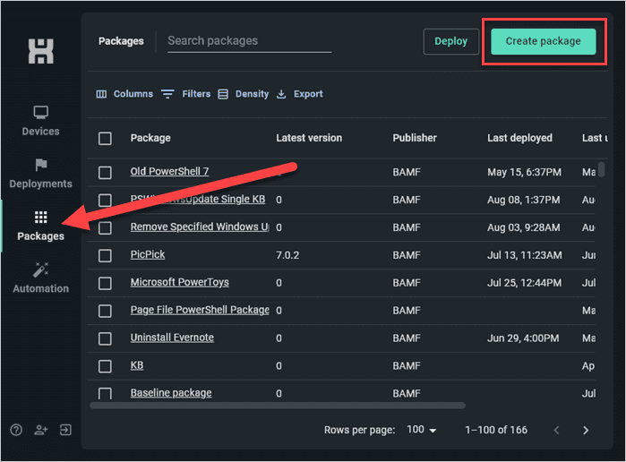 Click on the Packages tab, then click Create package.