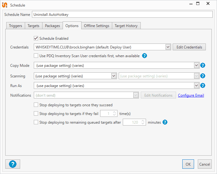 Screenshot of unchecking Stop deploying to targets once they succeed under the Options tab.