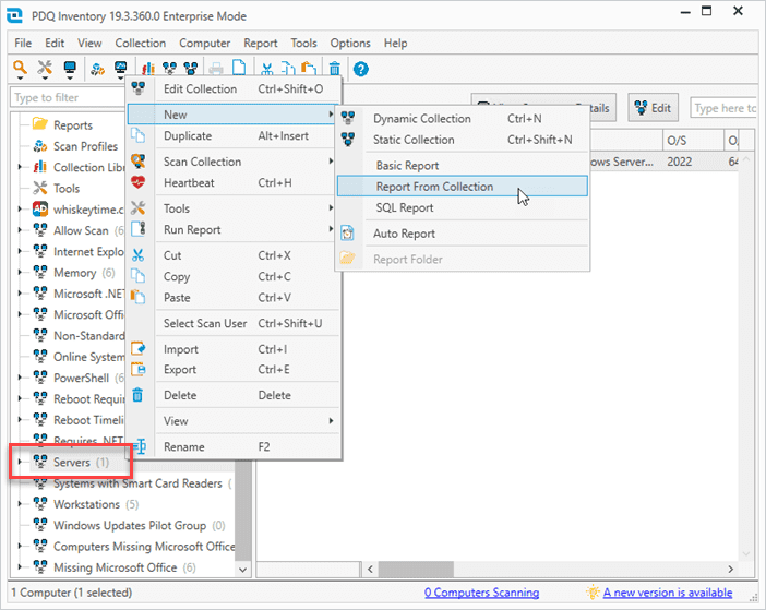 Generate a report from the Servers collection.