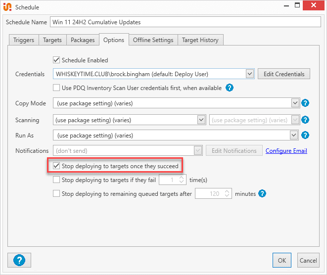 PDQ Deploy schedule Options tab with Stop deploying to targets once they succeed enabled.