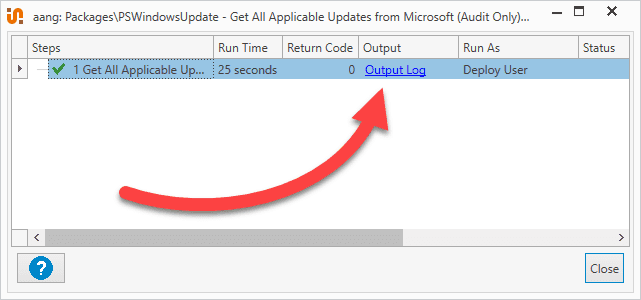 Click on the Output Log link to view the missing updates.