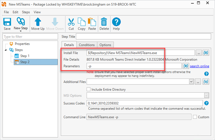 Attach the install file and add the parameter.