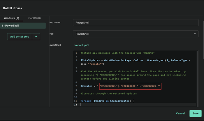 PDQ Connect PowerShell script step showing KB update numbers entered for uninstall.