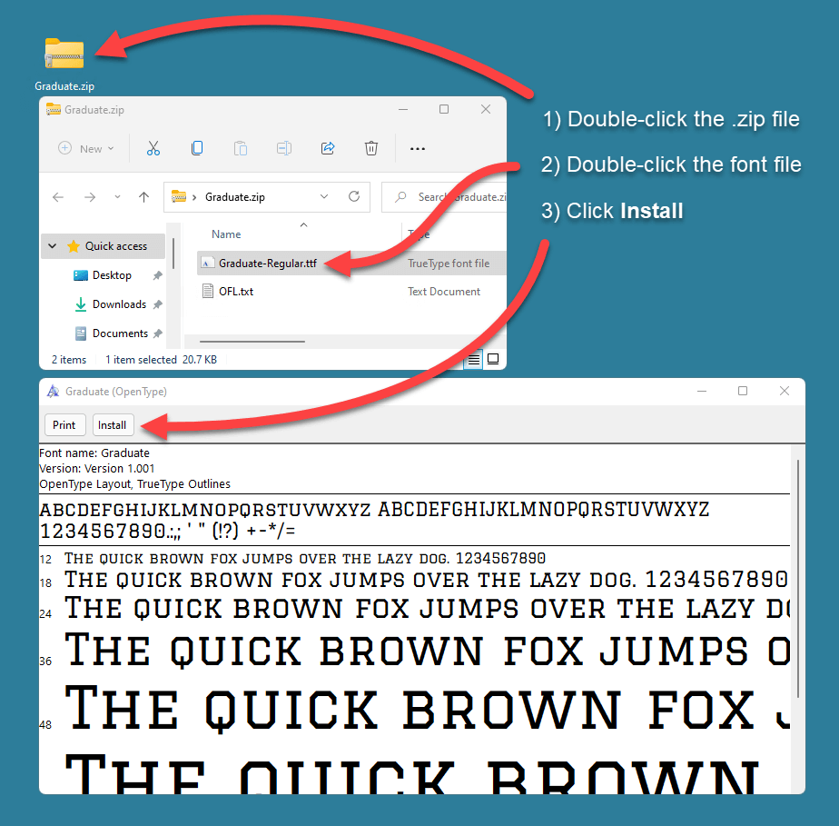 Installing fonts using the Windows font viewer.