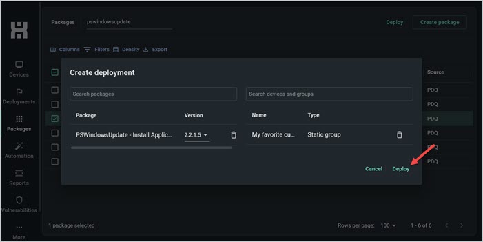 Screenshot of the Create deployment window in PDQ Connect showing the My favorite customer group added and the Deploy button. 