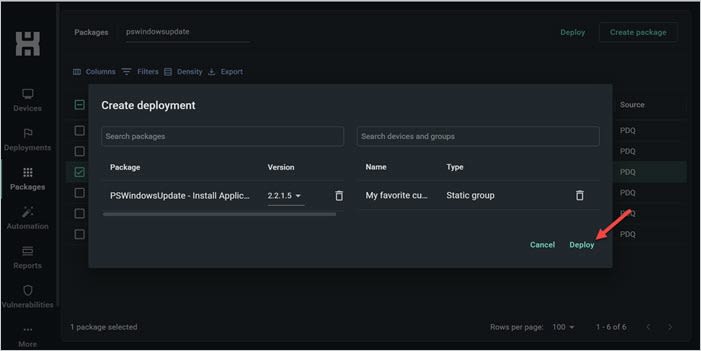 Screenshot of the Create deployment window in PDQ Connect showing the My favorite customer group added and the Deploy button.
