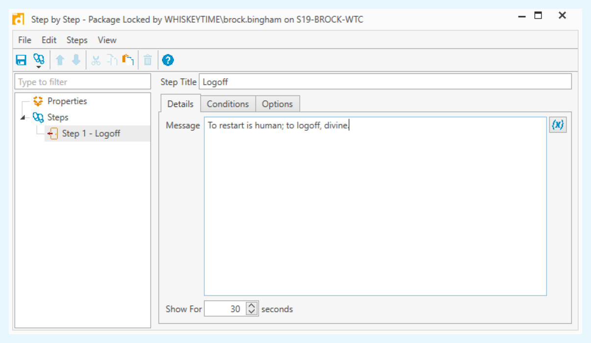 Example of setting a Logoff Step in PDQ Deploy, where a custom message can be added for a designated amount of seconds