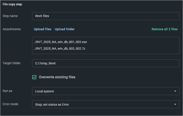 Revit file copy step settings.