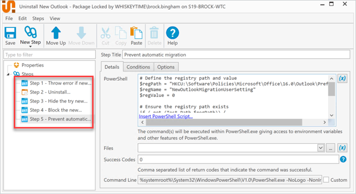 The finished PDQ Deploy package to remove the new Outlook.