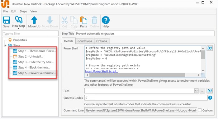 The finished PDQ Deploy package to remove the new Outlook.