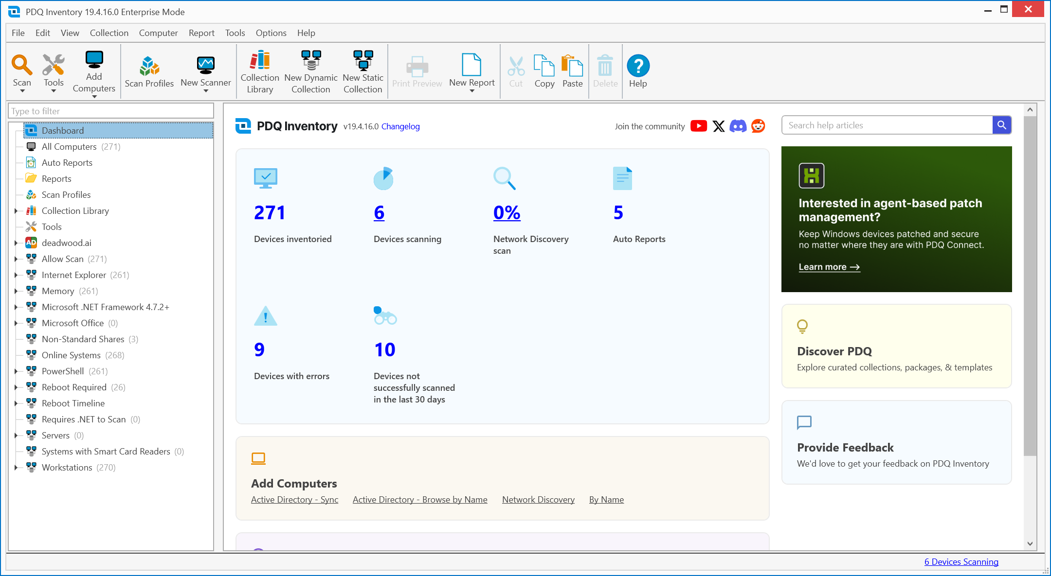 Screenshot of PDQ Inventory dashboard, showing data on number of devices, devices scanning, network discovery scan, auto reports, devices with errors, and devices not scanned in 30 days. 