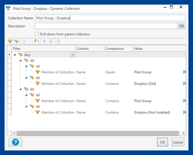 Pilot Group Dynamic Collection example of folders and dropdowns designated in the table above