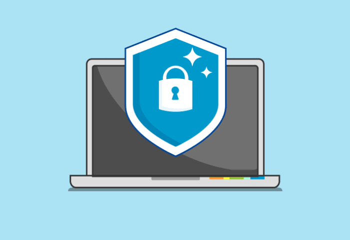 Illustration of computer with shield and lock that represents security