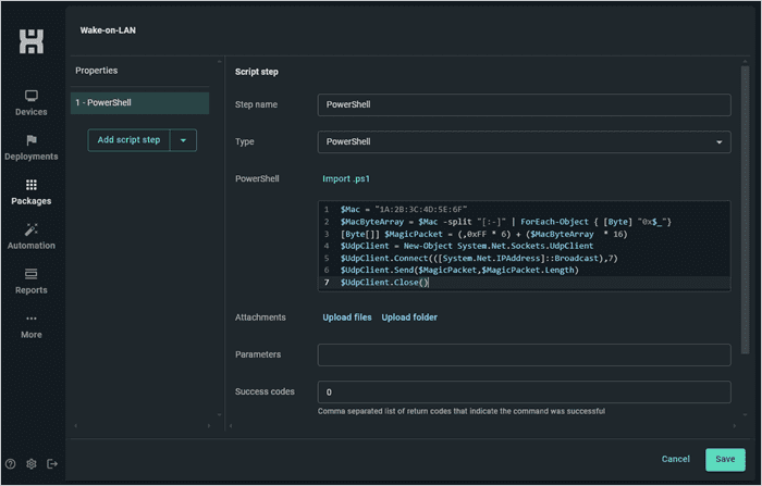 Creating a PowerShell step in a PDQ Connect package.