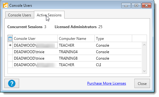 console users > active sessions window in PDQ Deploy
